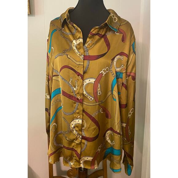Equestrian‎ Classic Old Money Quiet Luxury Western Silky Collared Blouse XL - Picture 1 of 12